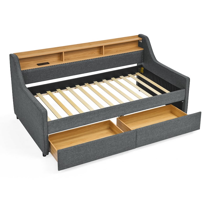 Grey Twin Size Upholstery DayBed with Three LED Lights,Storage Adjustable Headboard and Two Storage Pull Up Drawers