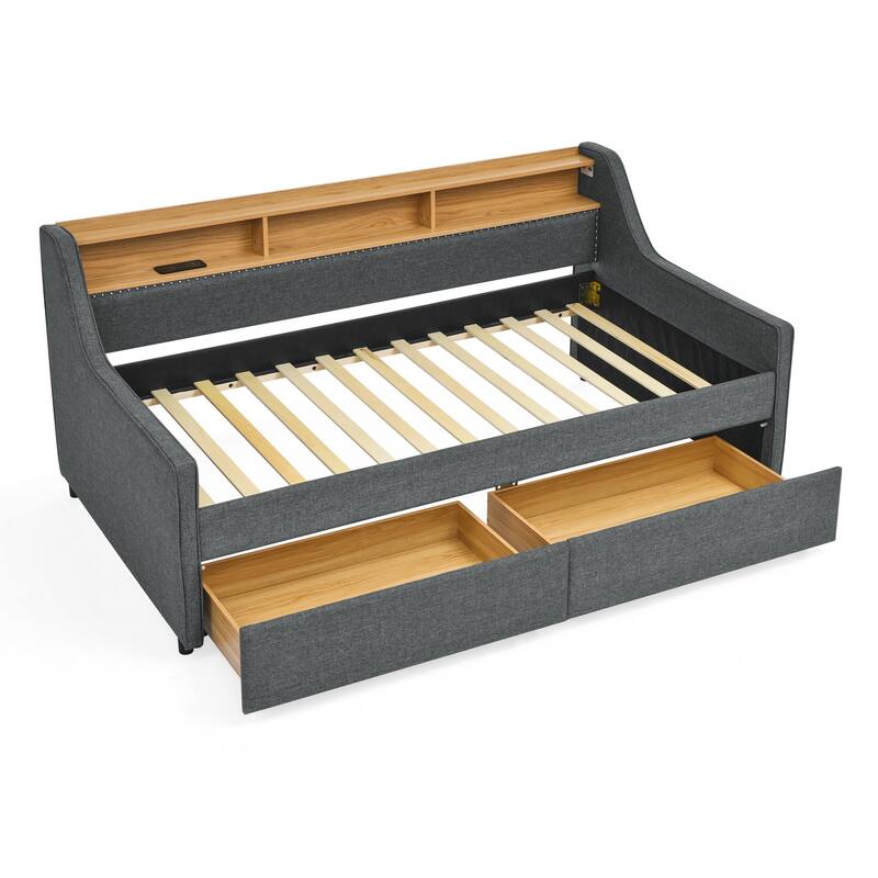 Roomfitters Twin Upholstered Sofa Bed with Adjustable Storage Headboard, Backlit Shelf and Underbed Storage Trundle