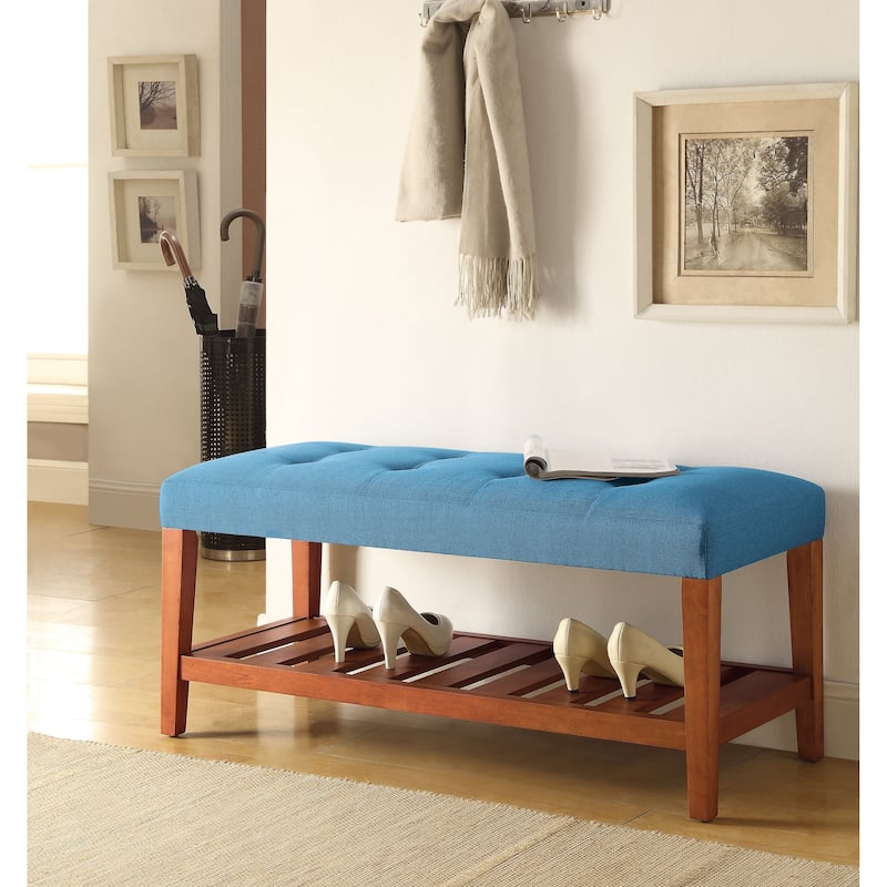 Fabric Upholstered Storage Bench with Slatted Shelf and Tapered Legs - Light Blue