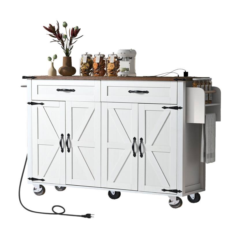 Farmhouse Kitchen Island with Power Outlet and Drop Leaf, Rolling Pantry Storage Cart with Spice Rack and Drawer for Dining Room