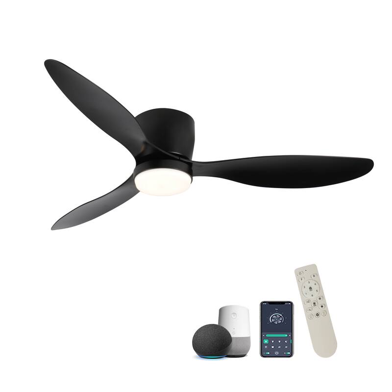 52" Smart Flush Mount Ceiling Fans with Lights Remote,Quiet DC Motor, Low Profile white Ceiling Fan,Control with WIFI Alexa App - Black