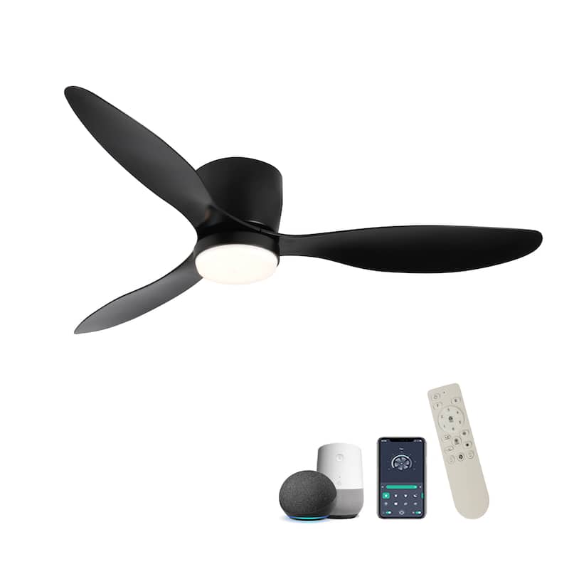 Sofucor 40/42/52 Inch Flush Mount Low Profile Ceiling Fans with Lights and Remote,3 ABS Blades,for Bedroom Patio - 52"-With Light - (Smart)Black with Black ABS Blades