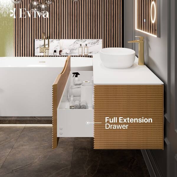 Eviva Leah 44 in. W x 20 in. D Medium Oak Wallmount Bathroom Vanity with White Solid Surface Top and Vessel Sink