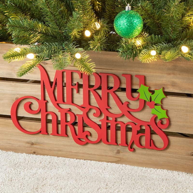 Glitzhome MERRY CHRISTMAS Solid Wood Crate Xmas Tree Collar