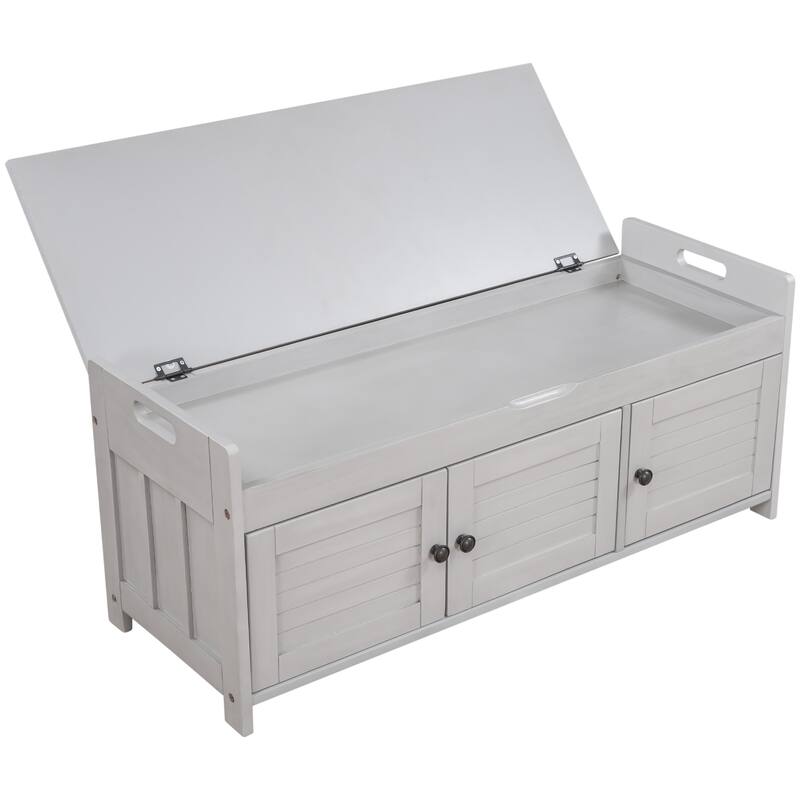 Wood Storage Bench with 3 Shutter-Shaped Doors and Flip-Open Storage Box, Entryway Shoe Bench with Adjustable Shelves