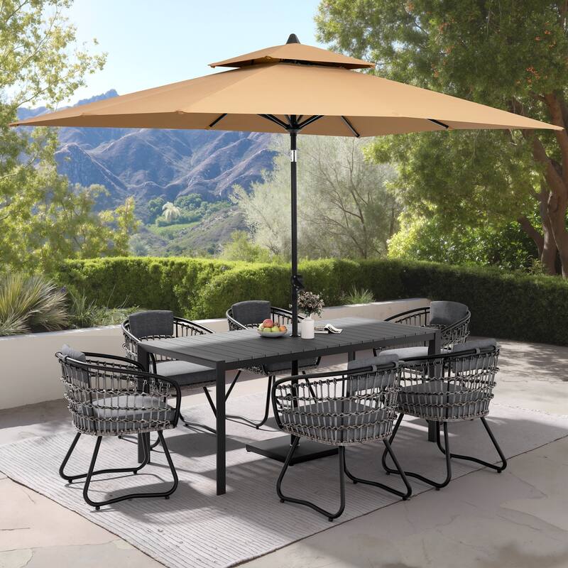 Set of 9 Outdoor Patio Dining Set WoodLike Aluminum Umbrella Hole Table with Rattan Chairs, Market Umbrella and Base
