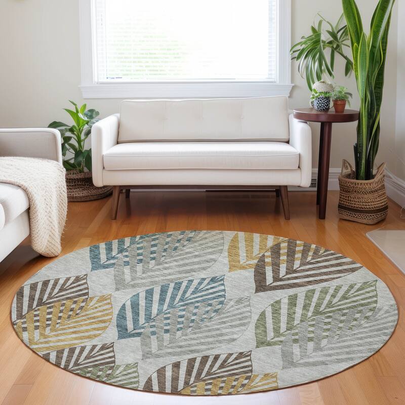 Premium Washable Super Soft Farmhouse Leaves Mayfield Rug - Gray - 8' x 8' - Round