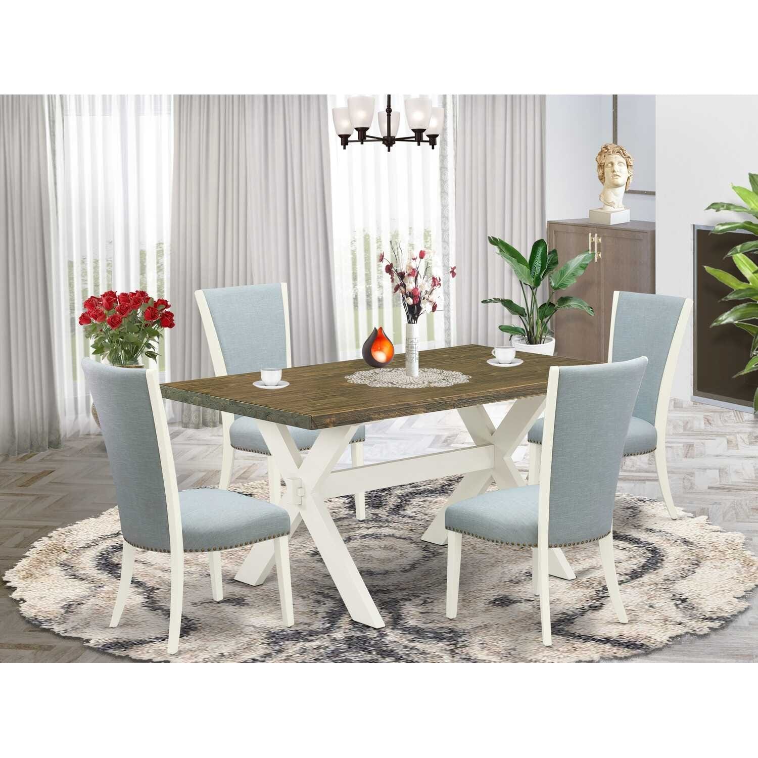 HomeStock 5-Piece Distressed Jacobean Finish Solid Wood Top Dining Table with 4-Upholstered Chairs