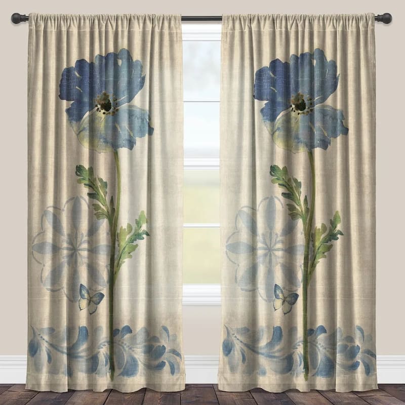 Laural Home Indigo Watercolor Poppies Sheer Window Panel - 84 Inches - Green/Tan/Blue