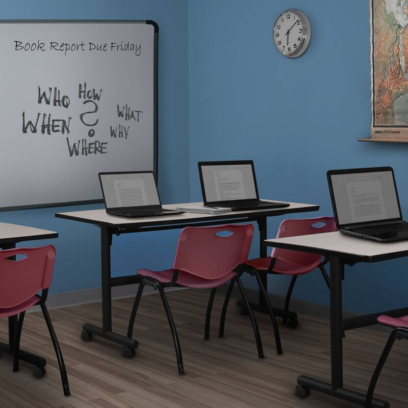 60" x 30" Flip Top Mobile Training Table- Maple and 2 "M" Stack Chairs- Burgundy