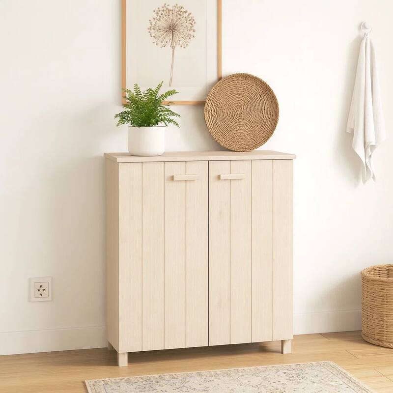 Shoe Cabinet, 2 Slatted Doors, Honey Brown Solid Pine Wood, 33x16x42In