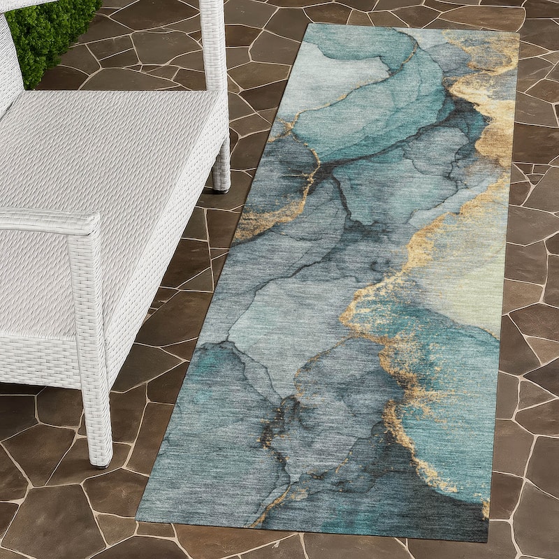 Machine Washable Indoor/ Outdoor Modern Brush Chantille Rug - Teal - 2'3" x 7'6"