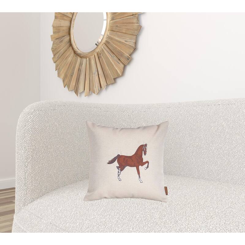 HomeRoots 18" X 18" Beige Horse Animal Print Zippered Handmade Polyester Throw Pillow With Embroidery