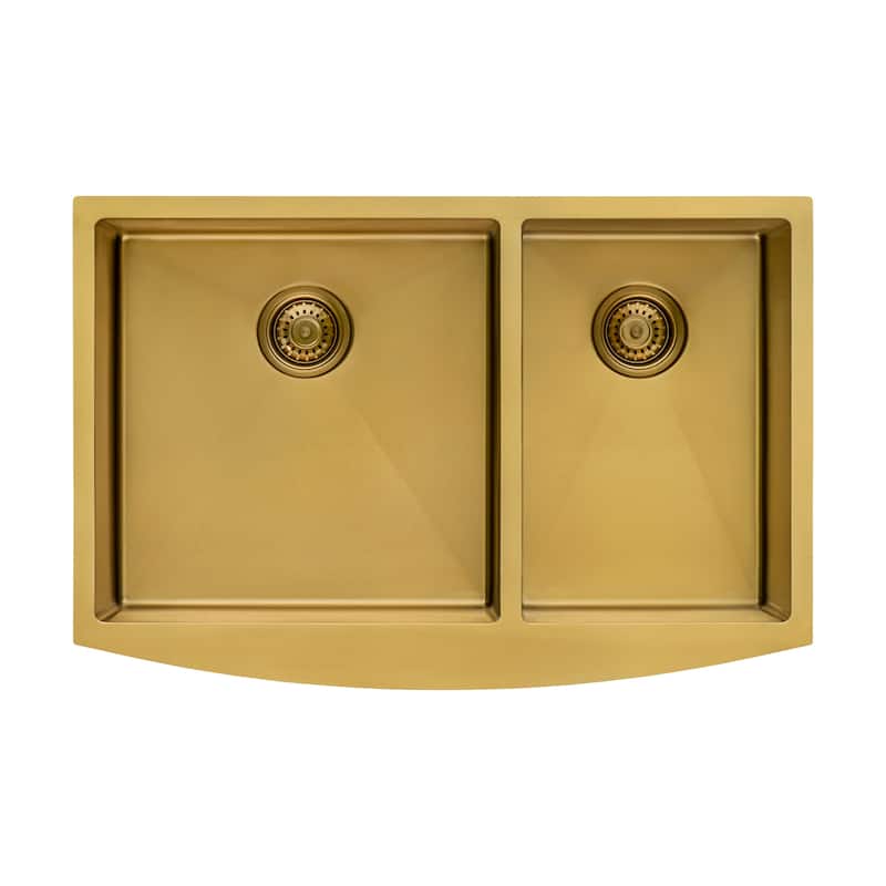 Ruvati 33-inch Satin Matte Gold Stainless Steel 60/40 Double Bowl Apron-Front Farmhouse Kitchen Sink - - 33" X 22" - 33" X 22"