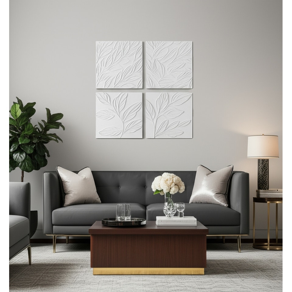 Canvas Wall Art Modern Textured Leaf Design (Set of 4) - 20" Ivory