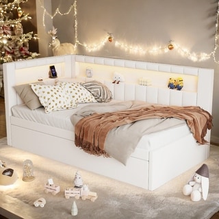 2 Color Twin Bed with USB Ports and LED Belt, LED Design Platform Bed with Trundle