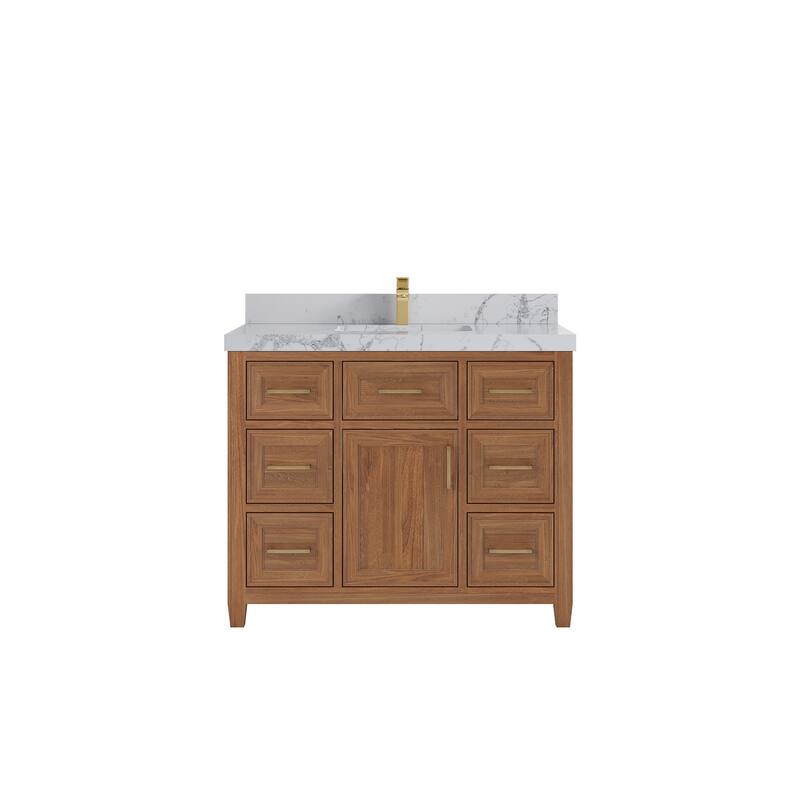 Willow Collections 42 in. W x 22 in. D Santa Monica Teak Single Sink Bathroom Vanity with Countertop - 2”Venatino - Dark Natural Teak