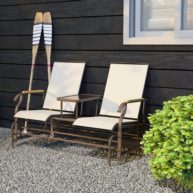 Outsunny 2 Person Outdoor Glider Bench, Patio Swing Glider Chair Loveseat with Breathable Mesh, Table, Steel Frame