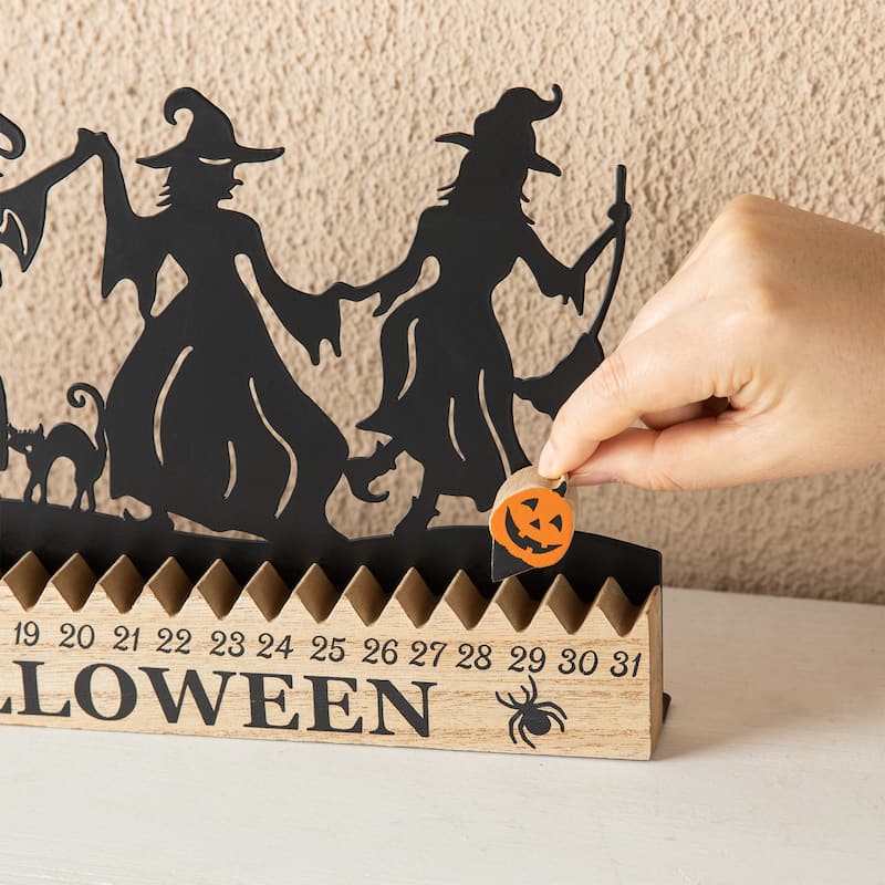 Glitzhome 18"L Happy Halloween Wooden Metal Dancing Witch or Ghost Countdown Calendar Table Decor