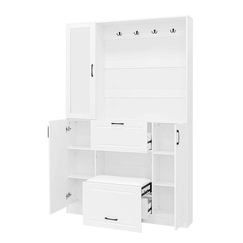 Wood Hall Tree with 4 Hooks, Entryway Bench with Integrated Shoe Cabinet Entryway Storage Cabinet with Mirrored Cabinet Door