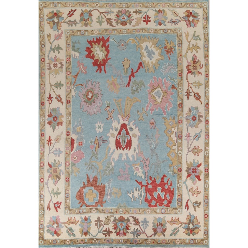 Light Blue Oushak Oriental Area Rug Handmade Floral Wool Carpet - 9'0"x 11'10"