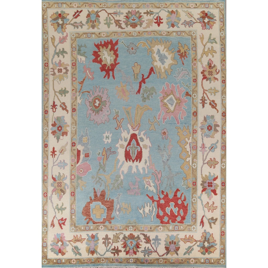Light Blue Oushak Oriental Area Rug Handmade Floral Wool Carpet - 9'0"x 11'10"