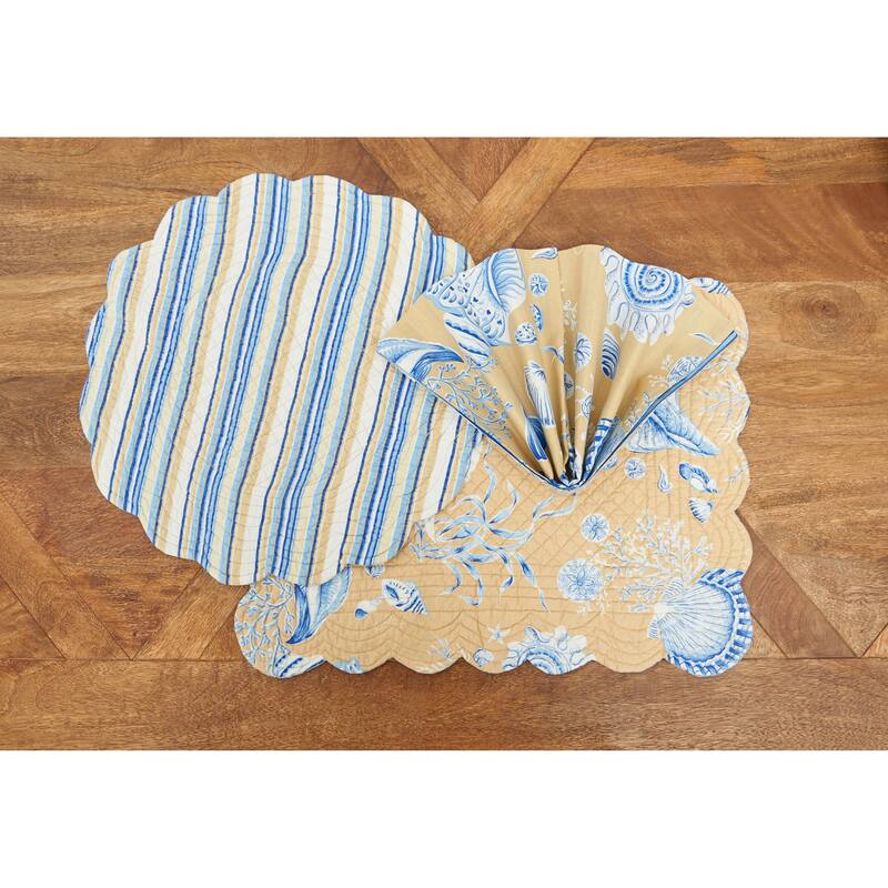 Taupe Shells Cotton Quilted Round Reversible Placemats Set of 6, 17"