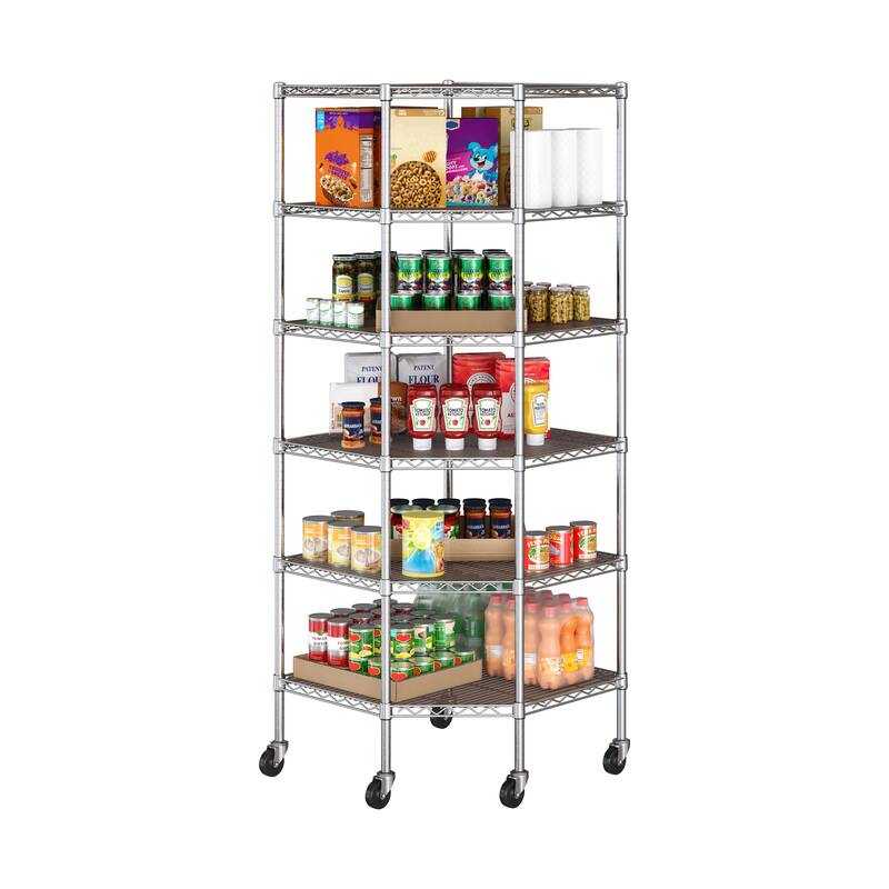 Seville Classics 6-Tier NSF Corner Shelving with Wheels and 6 Bonus Shelf Liners, 28" D x 28" W x 72" H