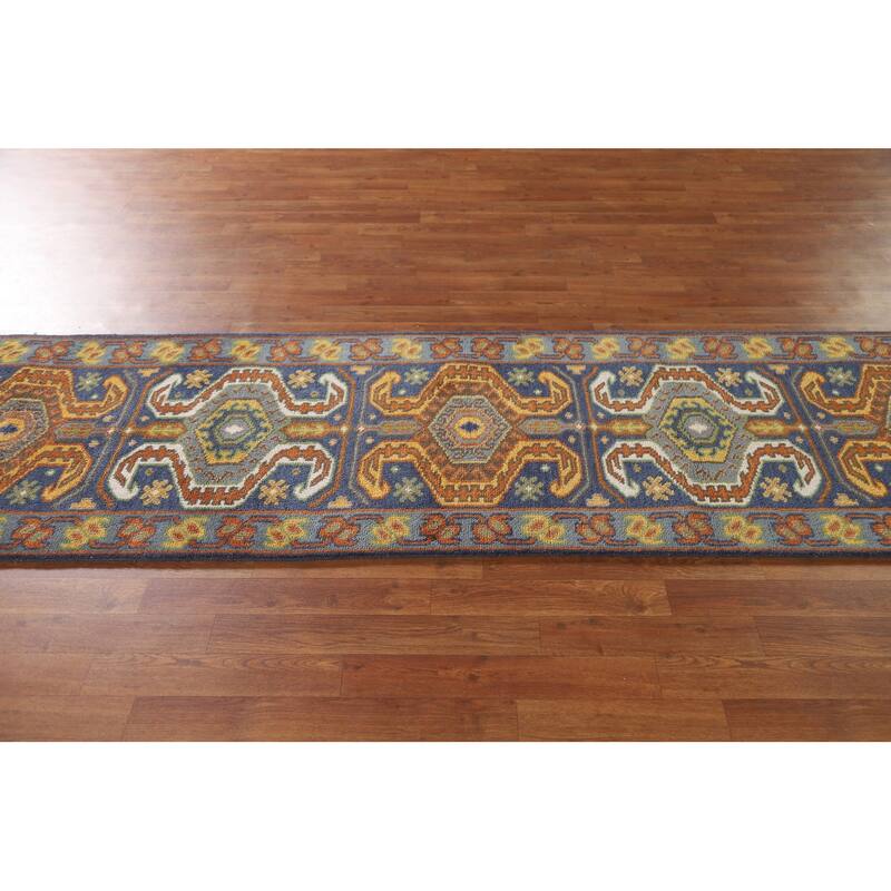 Blue Geometric Kazak Indian Runner Rug Handmade Wool Carpet - 2'7"x 9'9"