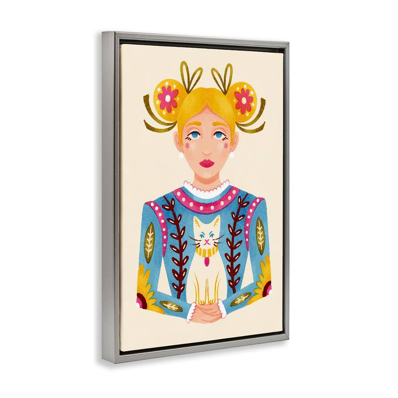 Stupell Blonde Folk Girl with Cat Framed Floater Canvas Wall Art Design By Hannah Moren