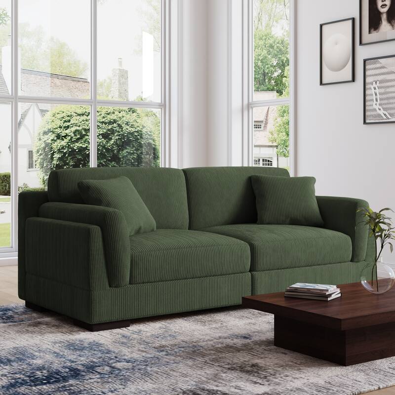 90" Corduroy Modular Sofa Reclining Sectional - Set with 2 Pillows - Green