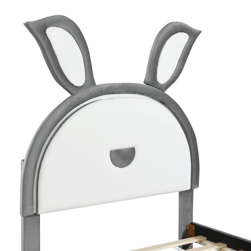Upholstered Bed with Rabbit Headboard, Trundle & 3 Drawers