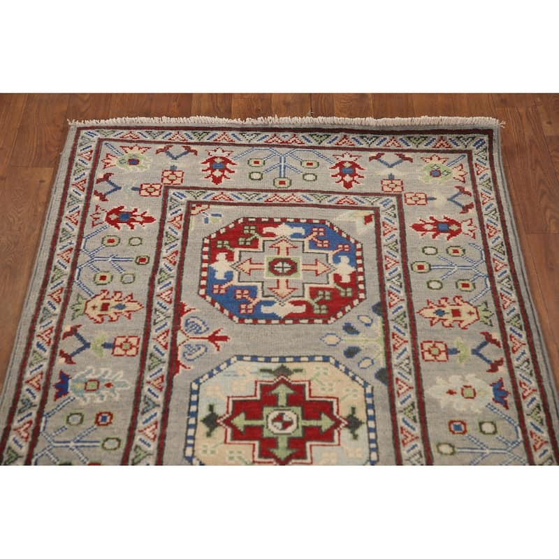 Grey Kazak Runner Rug Handmade Geometric Wool Carpet - 2'9" x 13'5"