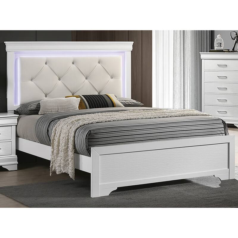 White Faux Leather Tufted Headboard 1pc Queen Size Bed w LED Bedroom Furniture White Unique Texture FB Solid wood - White