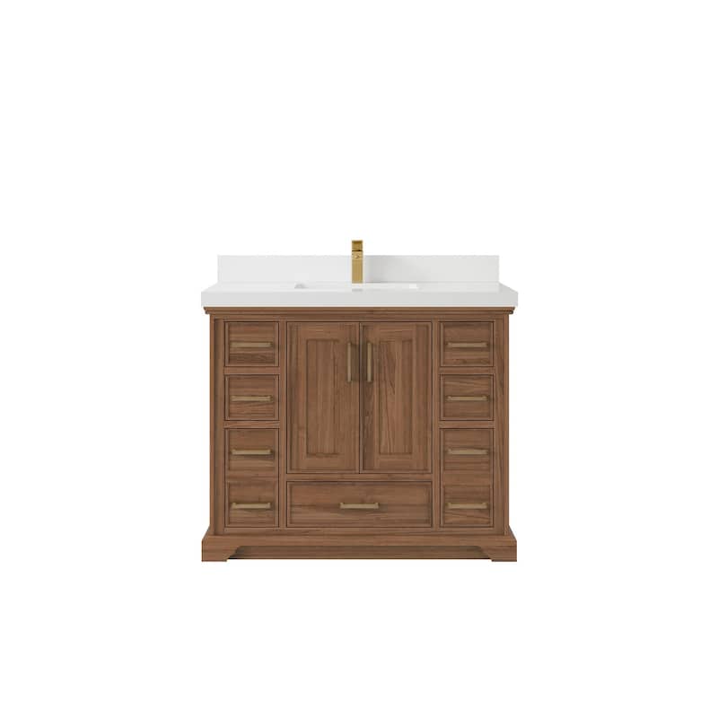 Willow Collections 42 in. W x 22 in. D Charlotte Teak Single Sink Bathroom Solid Teak Vanity with Countertop - 2”White Quartz - Dark Natural