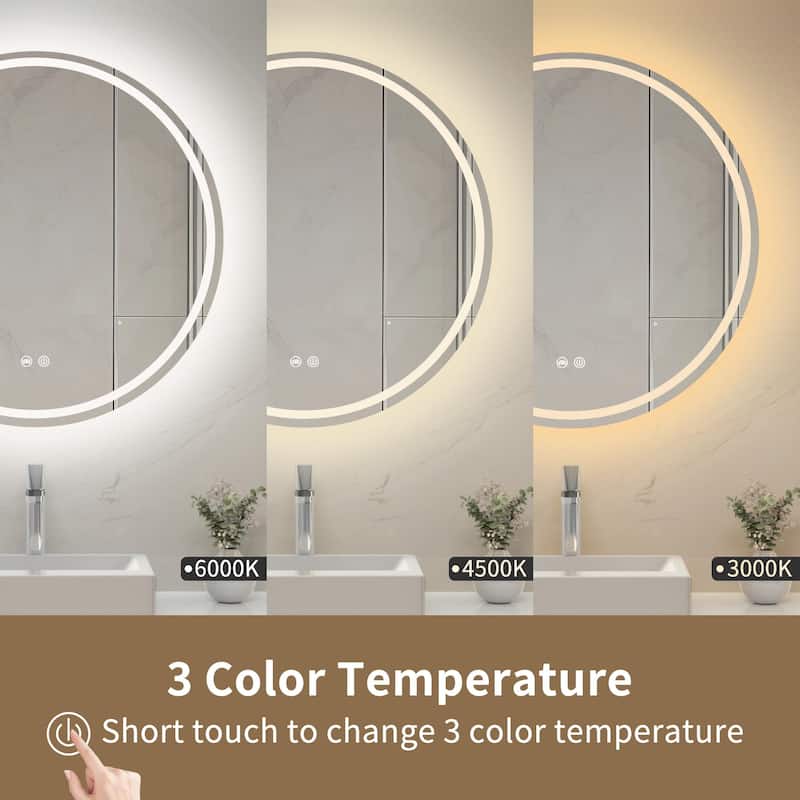 Circular LED Anti-Fog Mirror for Bathroom, Three-Color Lighting Adjustable