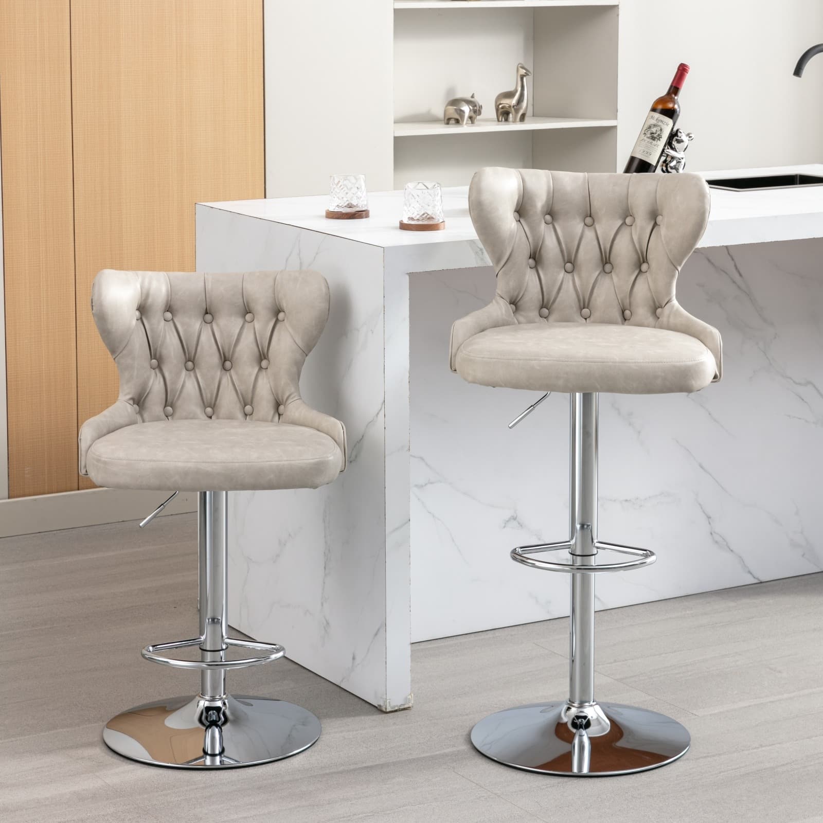 Leather Swivel Adjustable Barstools, Modern Upholstered Chrome Base Bar