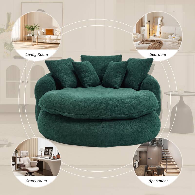 Oversized Oval Upholstered Bean Bag Sofa, Lazy Sofa with 3 Large Pillows and 2 Small Pillows, Wrap Around Backrest