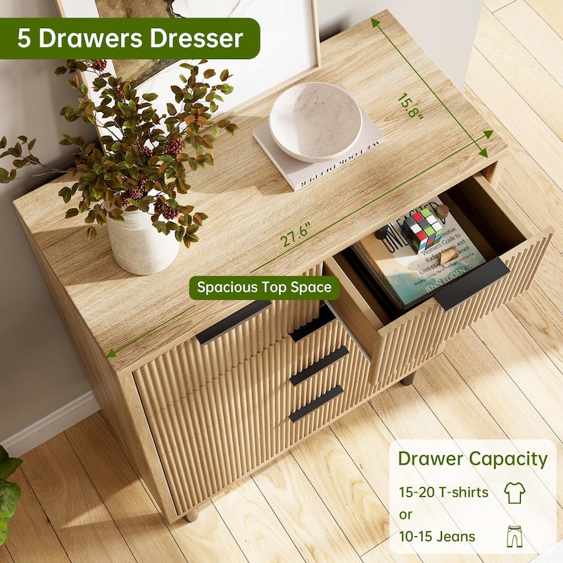 3/5/6 Drawer Fluted Dresser for Bedroom, Modern Wide Chest of Drawers with Metal Legs