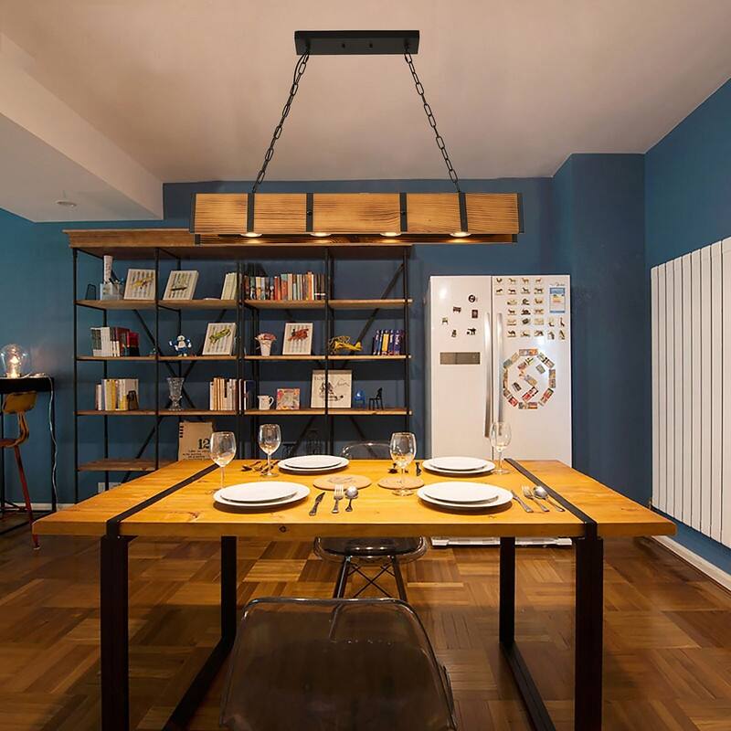 Rustic Farmhouse Chandelier Wood Hanging Light LED 3 Color Dimmable - 39.37x4.72x5.51in