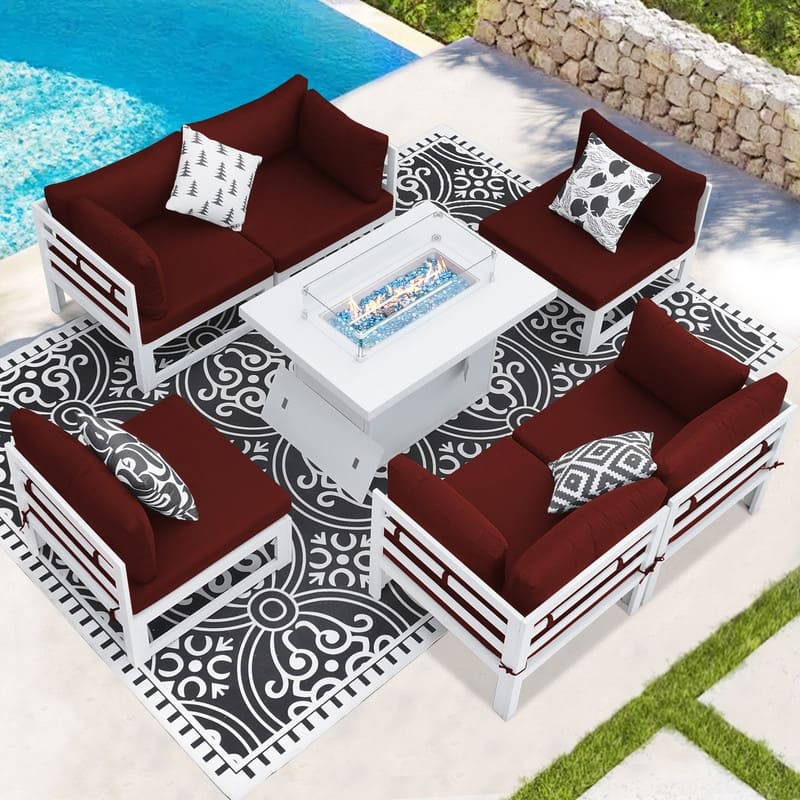 FINCATI Modern 7 Piece White Aluminum Outdoor Furniture Set with Propane/Natural Gas Firepit Table