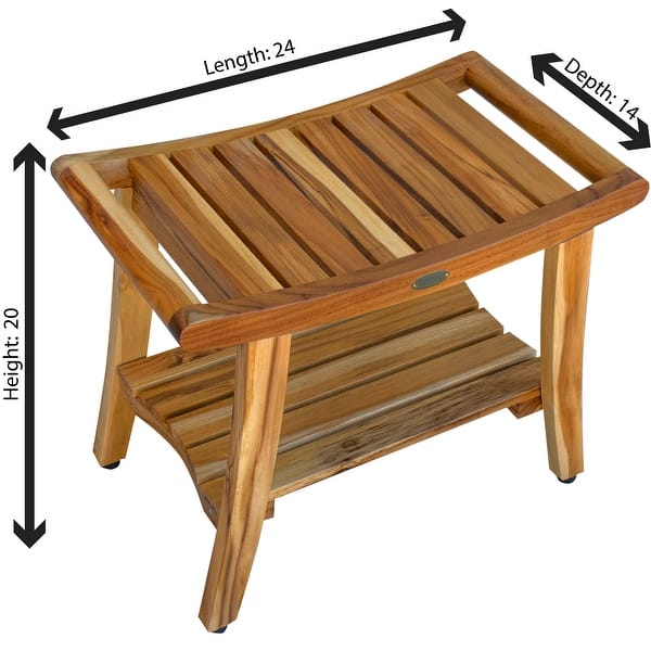 EcoDecors Harmony Natural Teak Wood Shower Bench with Shelf and LiftAide Arms in Earthy Teak