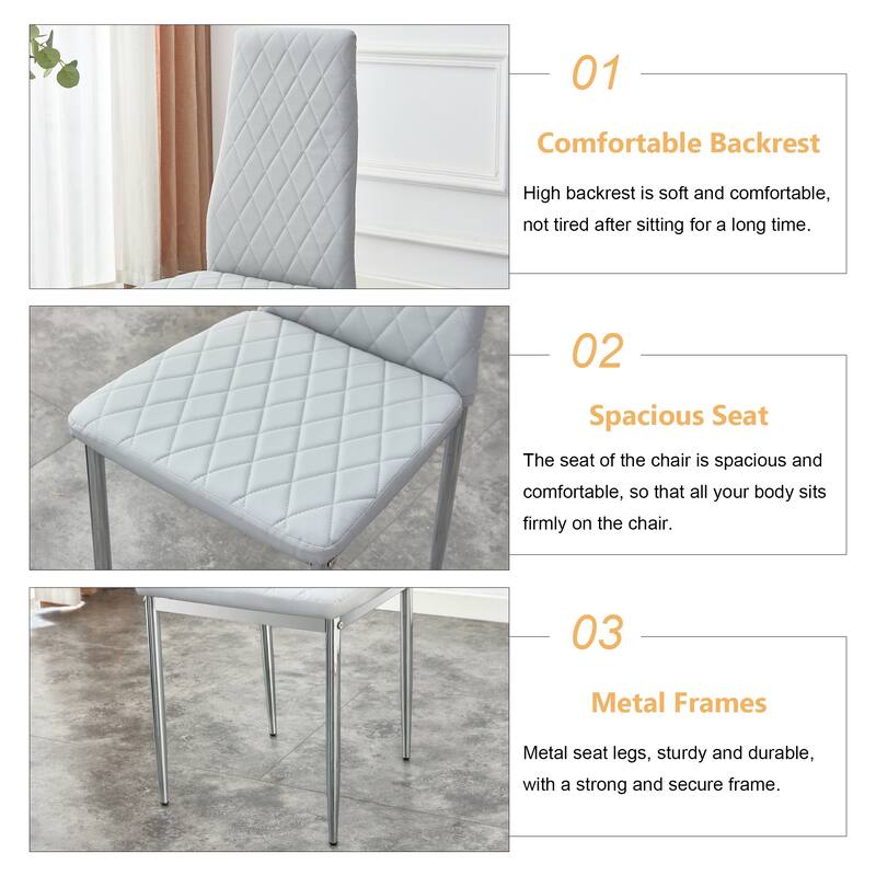Leather Dining Table Chair Set of 6, High Back Dining Chair, Grid Armless Lounge Chair, Office Chair with C-Shaped Metal Legs