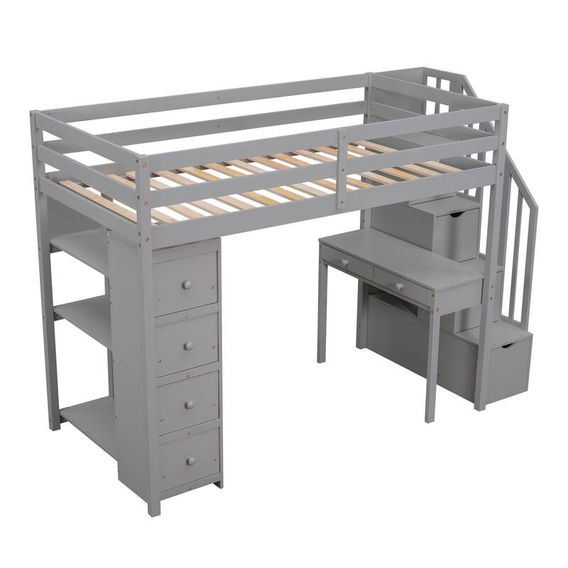 Twin Size Wooden Loft Bed with Storage Drawers, Desk, Stairs, and Shelves - Gray