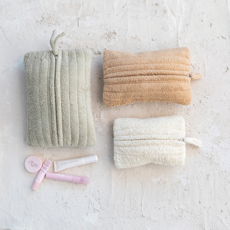Quilted Cotton Terry Zip Pouches with Interior Coating, Set of 3 - 10.0"L x 7.0"W x 0.4"H - Multi - 10.0"L x 7.0"W x 0.4"H