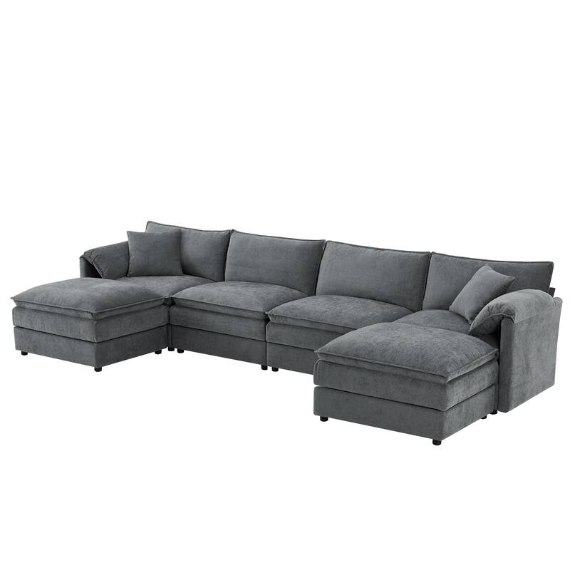U-Shaped Modular Sectional Sofa with Ottomans, Oversized Chenille Upholstered Cloud Couch, 6-Seater Sofa with Double Cushions