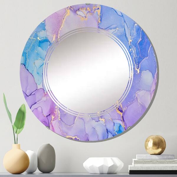 slide 2 of 10, Designart 'Pink And Blue Ink Clouds IV' Printed Modern Wall Mirror 24in.x24in.