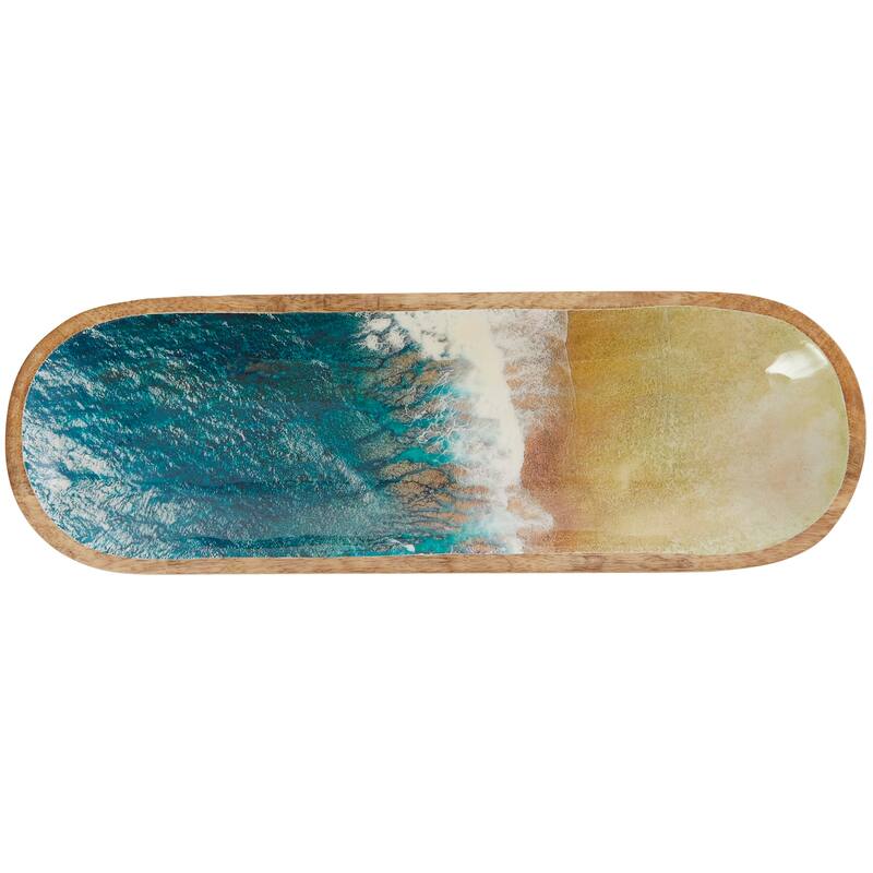 Brown Mango Wood Handmade Ocean Inspired Living Room Decor Tray with Colorful Enameled Interior