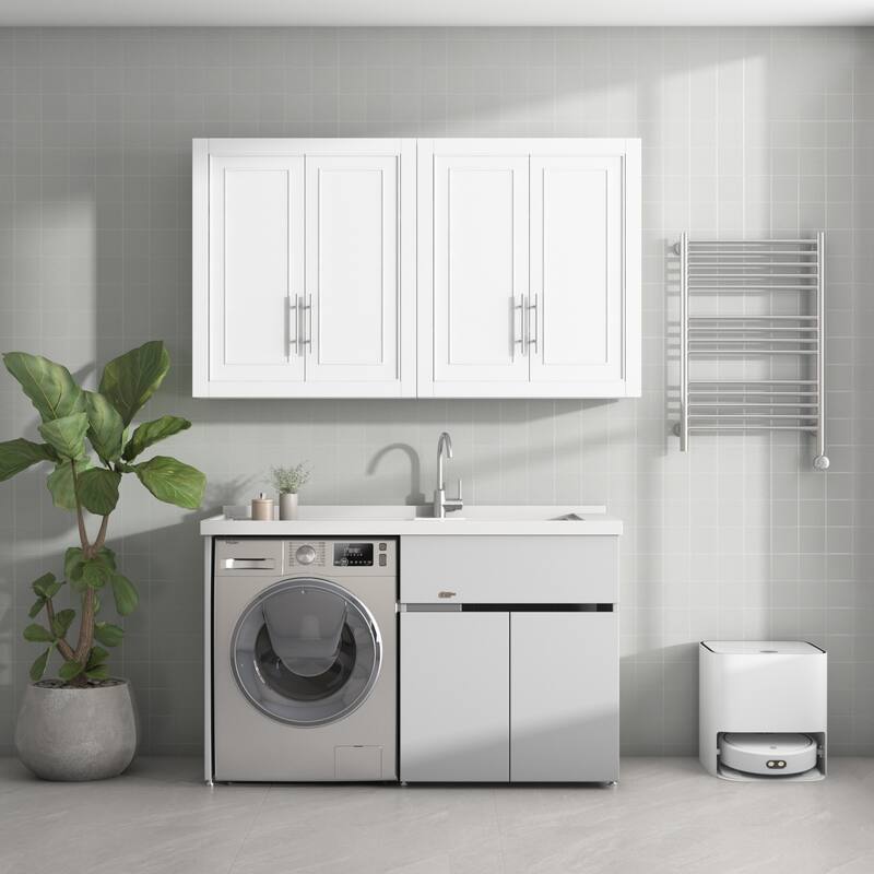 Solid wood Large Capacity Utility Bathroom Storage Cabinet with Adjustable Shelves - White