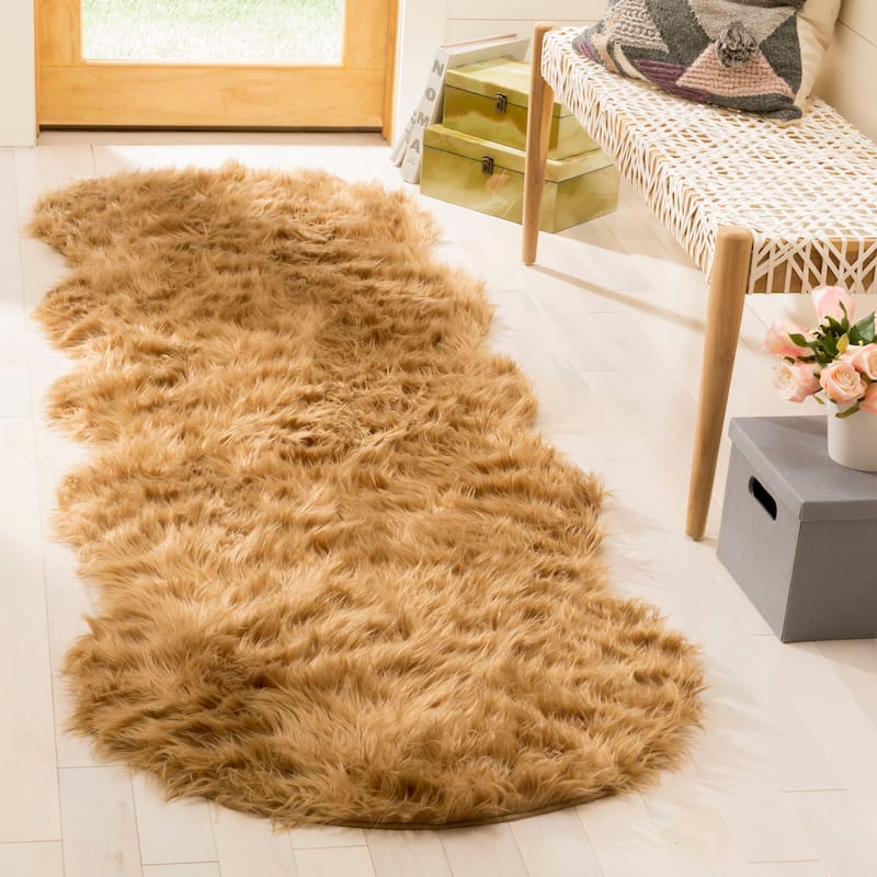 SAFAVIEH, Faux Sheep Idith Shona 2.4-inch Thick Rug - 2'6" x 8' Runner - Camel
